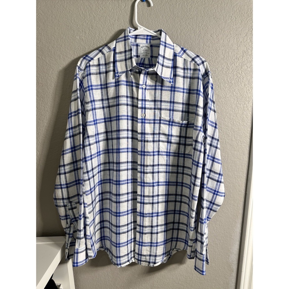 Brooks Brothers Regent Fit Men's L Shirt Baird McNutt Irish Linen Blue Plaid